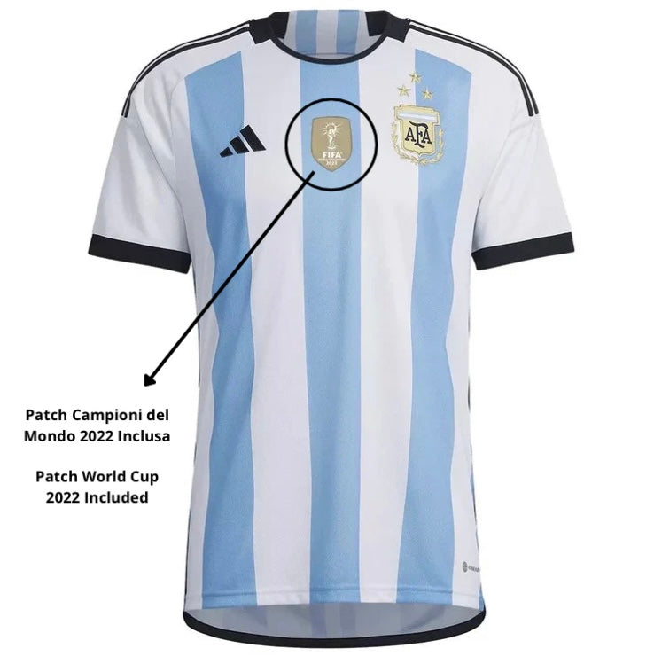 CAMISETA ARGENTINA ( 3 STELLE CON FIRMA MESSI , E PATCH NUMERO SPECIALE ) 2022/23 ( NAZIONALI )